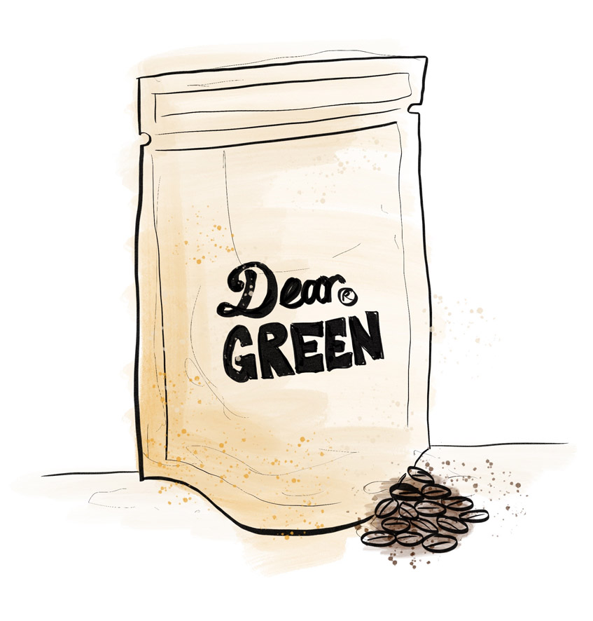 Illustration of a bag of coffee beans from Dear Green Coffee